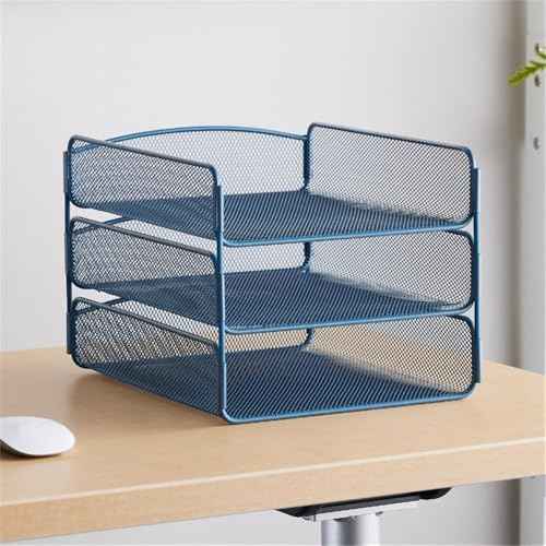 Safco Onyx Mesh 3 Tray Desktop Organizer 3271BU, Blue Powder Coat Finish, Durable Steel Mesh Construction