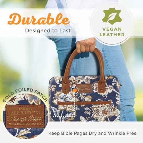 Christian Art Gifts Fashion Vegan Leather Purse Style Bible Cover Case for Women: All Things Through Christ Gold Inspirational Scripture, Pen Loops, Two Handles, Pockets, Navy & Brown Floral, XL