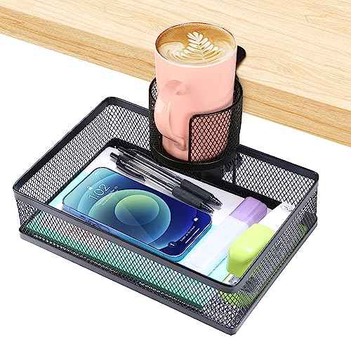 ROSYLINE 360¡Ærotation under desk drawer, Drawer Under Desk Storage Organizer, Rotary Desk Storage Organizer with Cup Holder, Clamp Drawer Basket, sturdy and durable (black)