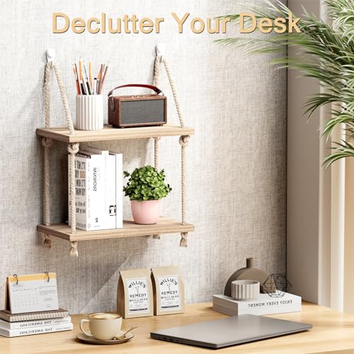 2-Tier Wooden Wall Shelf for Cubicles with Hooks & Rope - Office Storage Organizer