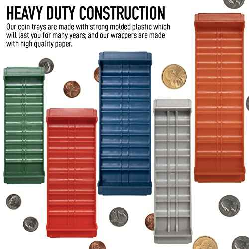 Nadex Rolled Coin Storage Organizer 5 Tray Set with Ridges for Loose Coins | Dollar, Quarters, Dimes, Nickles, and Penny Color Coded Trays