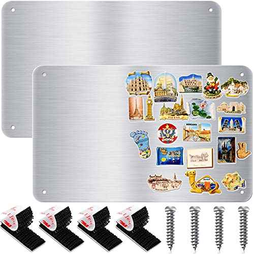 Chinco 2 Pack Metal Magnet Boards 17.7 x 11.8 in Stainless Steel Message Board with 8 Pack Lock Tapes and Screws Magnet Bulletin Board to Display for Memo to Do List Refrigerator Compartment Cabinet