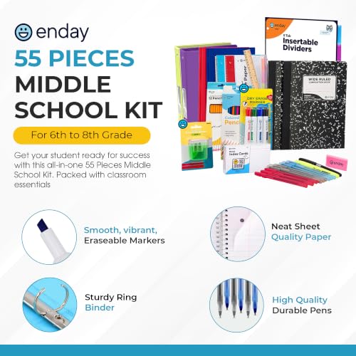 Enday 6th-8th Grade School Supplies Kit - 55 Piece Back to School Set for Kids