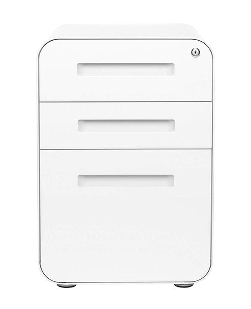 Laura Davidson Furniture Stockpile 3 Drawer File Cabinet with Lock - Under Office Desk Metal Filing Cabinet, Legal/Letter File Folders, Wheels and Stationary Feet, Pre-Assembled, White