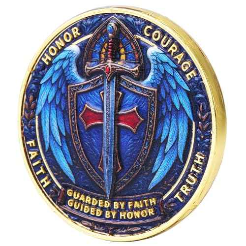 Christian Knight Challenge Coin Faith, Courage & Strength Armor of God Ephesians 6:10 Guardian Angel Warrior Shield and Sword Coin for Men and Women (Angel Knight-5 PCS)