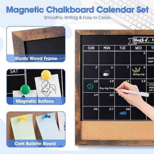 Board2by Monthly Chalkboard Calendar & Cork Board Combo, 24" x 36", Magnetic, Wall Mounted, Blackboard for Office, Kitchen, School, Home