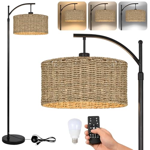 Arc Rattan Floor Lamp for Living Room with Remote,Black Floor Lamps with 3 Color Temperature Dimmable Bulb,Farmhouse Boho Standing Lamp with Wicker Shade,Adjustable Tall Lamp for Bedroom Office Corner