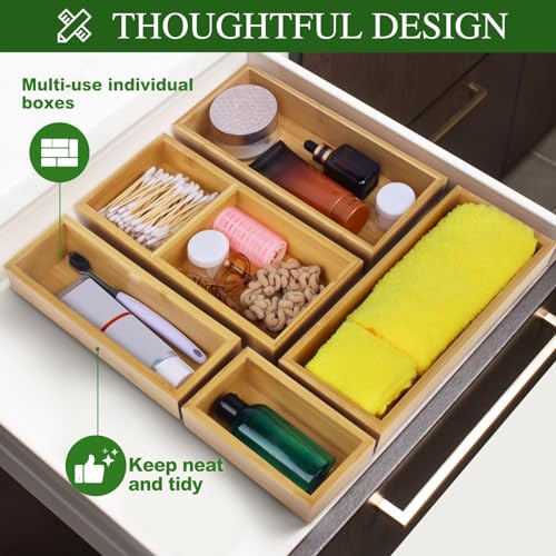 MapleGrace Bamboo Drawer Organizer Set - 5 pcs Natural Wood Storage Bins