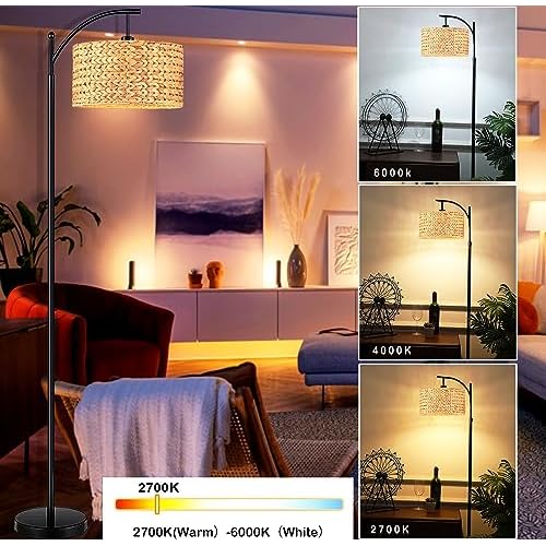 Floor Lamp for Living Room Bedroom Farmhouse Arc Rattan Boho Standing Lamp with Remote Dimmable Black Wicker Bamboo Lamp Shade Floor Light Adjustable Tall Lamp Industrial Floor Lamps Bohemian