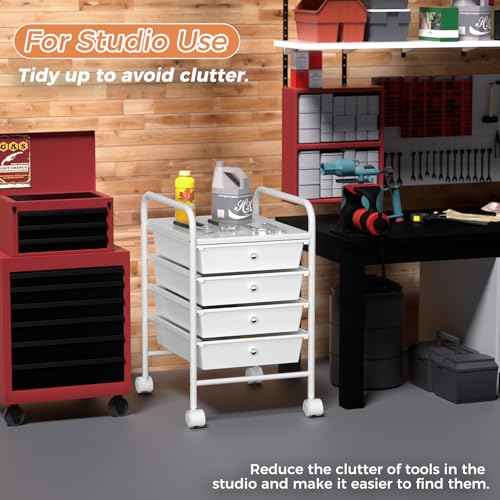 4 Tier Utility Rolling Cart with 4 Drawers Multipurpose Rolling Storage Cart with Wheels and Handles for Office Classroom Kitchen Bathroom Bedroom Organization White