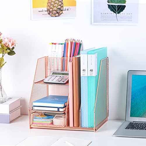 Topwey Rose Gold Desk Accessories, Office Supplies Desk Organizer Caddy with Sliding Drawer, Double Tray, File Organizer and pen holder for Home, Office School