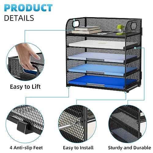 Marbrasse Desk Organizer - 5 Tier Paper Letter Tray, Mesh File Organizer with Handle for Office, School and Home