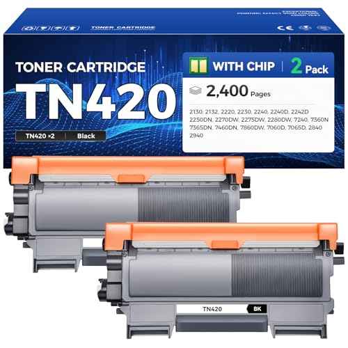 TN420 Toner Cartridge Black 2-Pack Replacement for Brother TN450 TN420 TN-450 TN-420 toner Compatible with HL-2270DW HL-2280DW HL-2230 MFC-7360N MFC-7860DW DCP-7065DN Intellifax 2840 2940 Printer