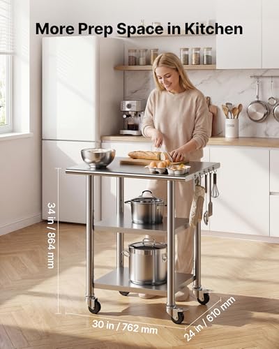 Stainless Steel Work Table 24x30 Inch with Shelves & Lockable Wheels for Commercial Kitchen