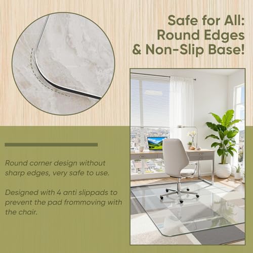 32" x 48" Office Chair Mat for Carpet, Tempered Glass Chair Mat with Rounded Corners and Polished Edges, Desk Floor Mat for Carpet, Hardwood Floor, Office