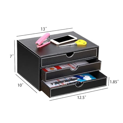Ayunga Leather Desk Organizer with 3 Drawers, Executive Office Supplies Desktop Filing A4 File Cabinet/Holder,Stackable Storage Box for Jewelry/Bill/Documents/Makeup Home Decor Accessories(Black)