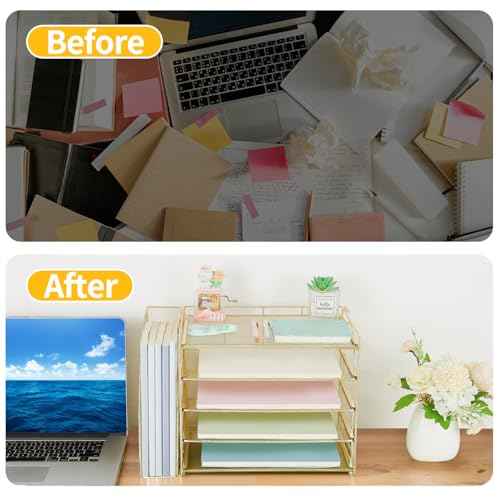 AUPSEN Gold Desk Accessories Organizer,5-Tier Letter Tray Paper Organizer with Adjustable File Holder, Desktop Office Desk Accessories for Office Supplies