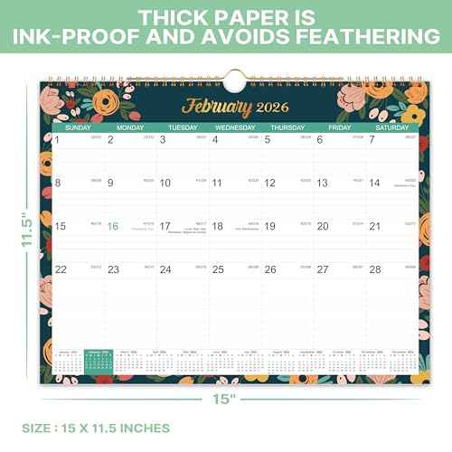 2026 Calendar - 2026 Wall Calendar, Jan 2026 - Dec 2026, 2026 Wall Calendar 12 Month, 15" x 11.5", Twin-Wire Binding, Julian Dates, Large Block, Notes, To-do List, Thick Paper, Perfect for Organizing - Floral