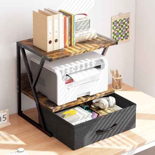 aboxoo Printer Stand for Desk with Storage Drawer, 2 Tier Desktop Or UnderDesk Shelf, Multi-Purpose Desk Organizer for Home Office, fit Fax Machine/3D Printer/Scanner, Rustic Brown