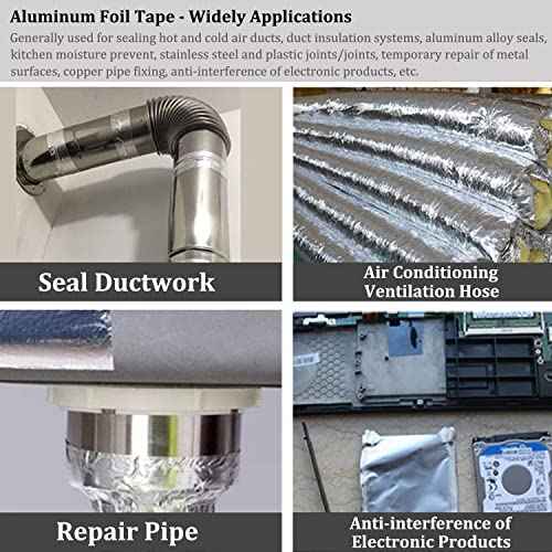 6Rolls Aluminum Foil Tapes, HVAC Duct Tape Heavy Duty, Silver Metal Adhesive Insulation Tape (3.9mil, 2"x65 Feet) High Temperature for Pipe Ductwork, Sealing Patching Heat Cold Air Ducts, Dryer Vents