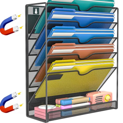 Black 6-Tier Magnetic File Holder, No Drilling Office & Refrigerator Organizer