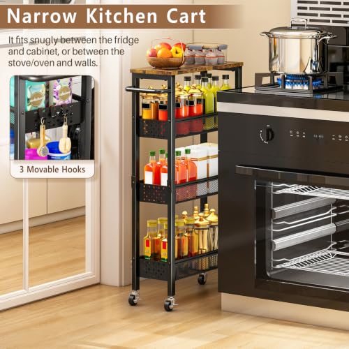 Gibyela 4-Tier Slim Rolling Cart with Wood Top, Black 7.1in Width