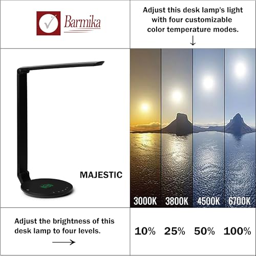 Modern LED Desk Lamp, Dimmable LED Task Light with Touch Control, Adjustable Arm, Bright Desk Light with Wireless Charger & USB Charging Port for Home, Office, Dorm, Black