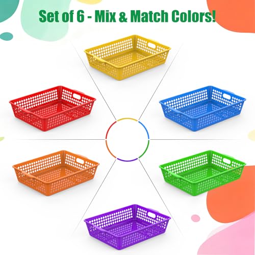 6 Pack Plastic Classroom Storage Baskets, Paper Trays for Classroom Organization & Turn in Trays for Teachers, Students, Desk Organizer Bin 13.8x10.6x3.1 Inch (Rainbow)