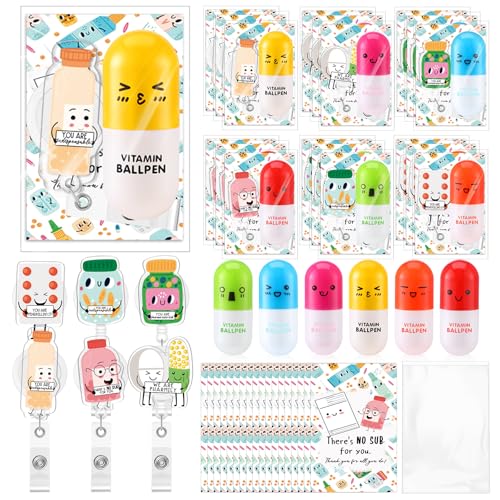 50 Sets Pharmacy Technician Accessories Gift Pharmacy Badge Reel Pill Shaped Pens Inspirational Appreciation Card Pharma Funny Gifts for Nurse Practitioner Week Medical Assistant Doctor