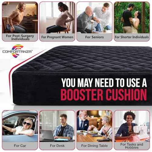 Booster Cushion for Adults - 18x18x5 Medium-Firm Seat Cushion for Home, Office, Wheelchair, Car - Washable Velvety Cover with Waterproof Layer, Removable Strap & Non-Slip Base - Black
