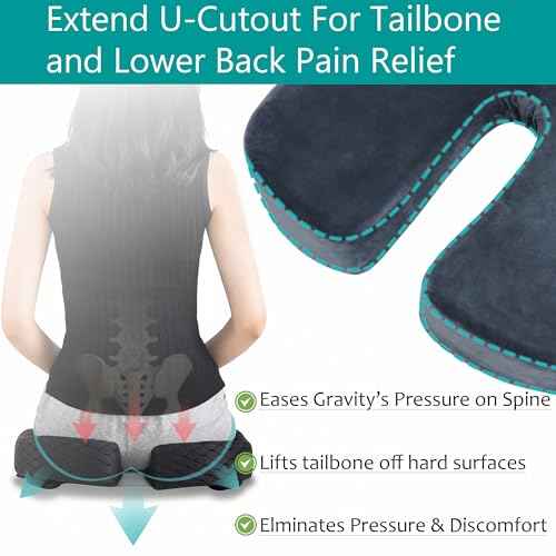 Tailbone Pain Relief Office Chair Cushion 10-Inch Extended U-Cutout,Large-18"x16"x3",Coccyx,Sciatica Pain Relief Memory Foam Wheelchair Car Seat Cushion,But Pillow Pad for Pressure Relief, Blue Grey