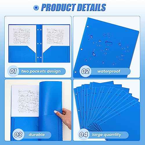 Yeaqee 50 Pcs Plastic Folders with Pockets Bulk 3 Hole Punched 2 Pocket File Folders for 3 Ring Binder Divider Folder for Notebooks, Durable Poly for Office Home (Blue)