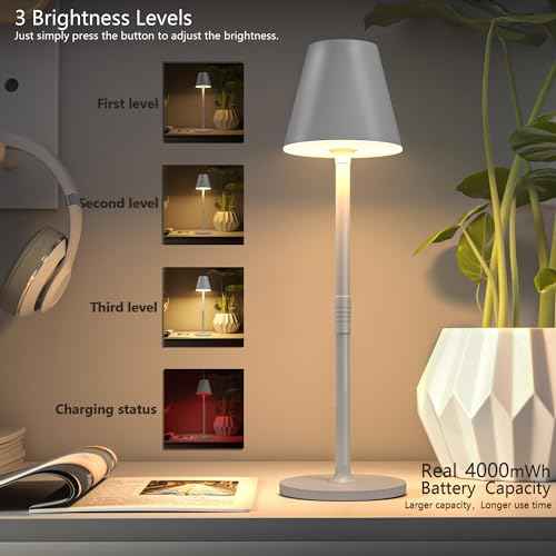 LED CordlessTable Lamp,4000mAh Rechargeable Battery Desk lamp,3 Level Brightness Beside Night Light, Minimalist Design, for Couple Dinner/Coffee Table/Restaurant/Bedroom(White 4PACK)