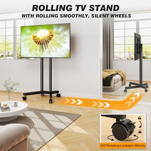 5Rcom Dual-Pole Rolling TV Stand for 32-75 inch LCD LED Flat & Curved TVs, Height Adjustable Portable TV Stand with Lockable Wheels, Mobile TV Cart up to 88lbs for Bedroom, Living Room, Outdoor