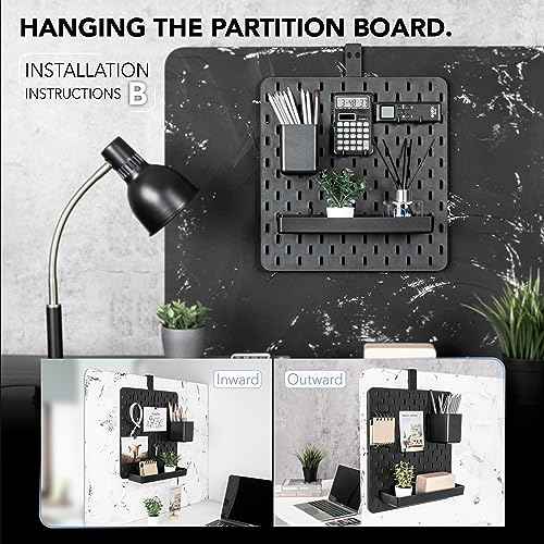 EHO Clamp-On Desk Pegboard, 13.5 x 14 inch Privacy Divider, Desk Partition Panel, No-Drill Desk Mounted Organizer, Combination Peg Board for Office, Gaming, Home, Plants, Black