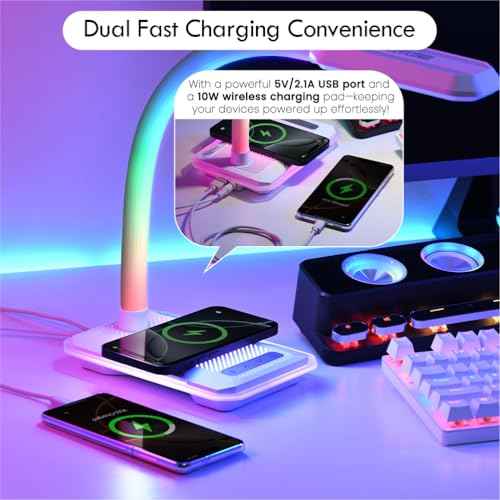WILIT Desk Lamp with Wireless Charger, Music Sync RGB Color Changing Lights, Gaming Lamp with USB Charging Port, Touch Control Table Lamp, Desktop Light for Home Office Dorm Room, Birthday Gifts