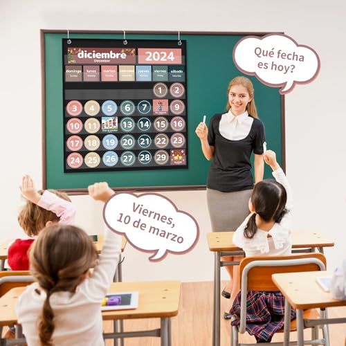 Boczif Monthly Classroom Calendar Pocket Chart Spanish Black for Education