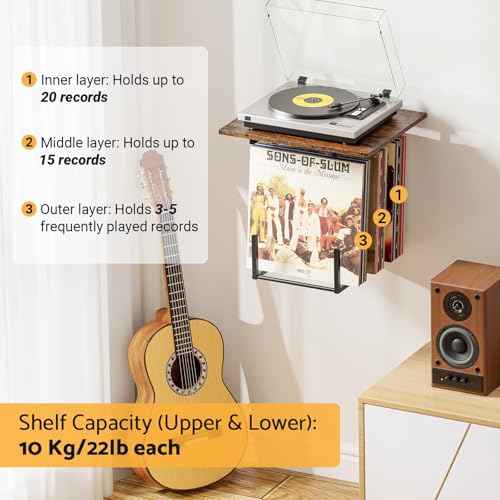 Vinyl Wall Mount, Record Player Stand Wall Mounted, Vinyl Record Storage for Turntable Stand, Records Player Stand with Storage, Compact Turntable Only Under 15.75" x 12.6"
