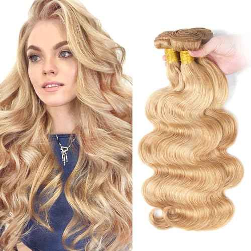 22 24 26 Inch P27/613 Highlight Blonde Bundles Human Hair Body Wave Bundles Honey Blonde Body Wave Bundle Unprocessed Brazilian Virgin Weave Hair 3 Bundle 50 Gram Per Bundle