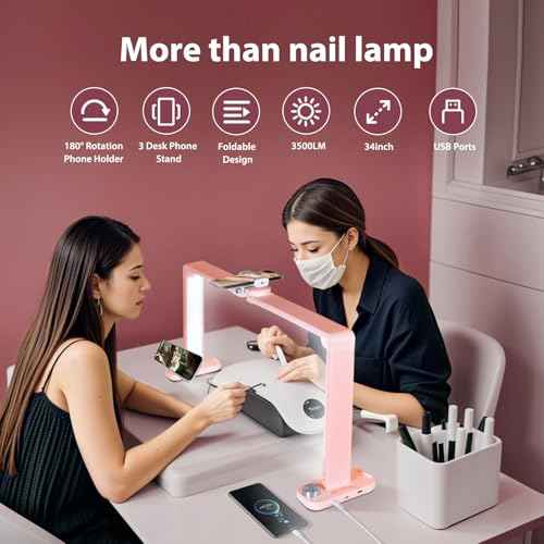 Nail Desk Lamp,34In Led Nail Light for Desk with USB Ports,Phone Holder & Stepless Dimming,6000K Half Moon Table Light for Eyelash Extension, Tattoo, Eyebrows(Pink)