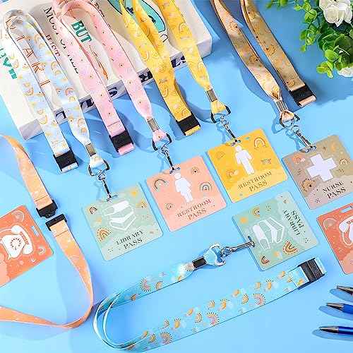 Kosiz 6 Sets PVC Boho Hall Pass Lanyards and School Passes Set Include 6 Pcs Unbreakable PVC Classroom Passes 6 Pcs Neck Lanyard for Teacher Must Have Student Nurse Office Classroom Supplies Reusable