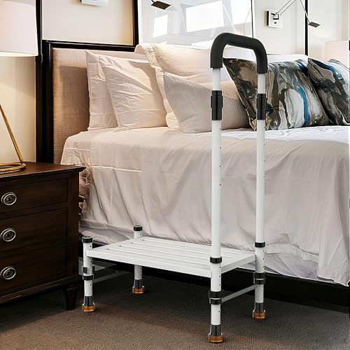 Step Stool with Handle for Adults ? Heavy Duty 800 lbs Bed Steps for High Beds, Adjustable Height Step Stool with Handrail for Elderly & Seniors, Kitchen & Car (White)