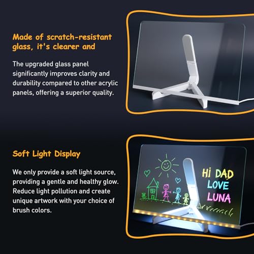 LED Glass Drawing Board for Kids, 11.8"x7.9" Glowing Glass Message Board, Includes Led Note Board, 12 Markers, Stand, Spray Bottle, Adapter, Perfect for Art & Notes, Great Gift for Kids