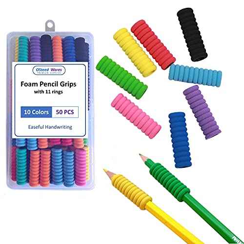 50 Pcs Foam Pencil Grips of 11 Rings for Kids and Adults Handwriting, 10 Colors Pencil Holder Grippers for Relieving Fingers, Mechanical Pencil Holder Cushion
