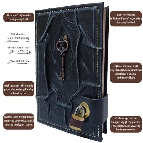 Antique Key Handmade Leather Journal with Lock 100% Genuine Leather Diary Acid-Free Chamois Paper 384 Pages, 9 x 6.7 inches Antique Padlock Journal for Writing Diary With Lock