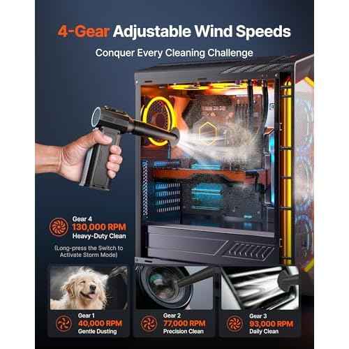Compressed Air Duster, 130,000RPM Ultra-Powerful Cordless Electric Air Duster with 8000mAh Rechargeable Battery, 4-Gear Adjustable Air Blower for Keyboard, Computer, Car, Home Cleaning