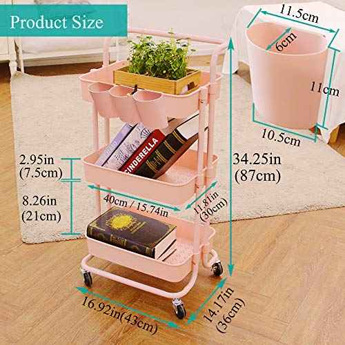 3-Tier Multifunction Rolling Cart Utility Storage Shelves Cart with Hanging Cup Lockable Wheels and Handle for Office Living Room Kitchen Bathroom (Pink)