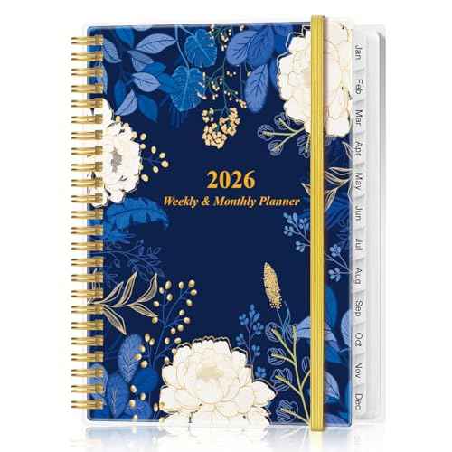 2026 Planner - Planner 2026 from January 2026 - December 2026, Weekly & Monthly Planner Spiral Bound with 12 Monthly Tabs, Inner Pocket, 6.4" x 8.5", Blue Flower