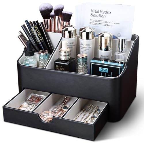 KINGFOM Desk Organizer with Drawer, Multifunction Pencil Holder for Desk, Desk Organizer and Accessories 5 Comparetments for Home Office Supplies (Black)