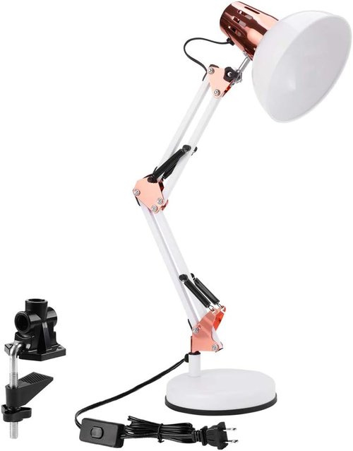 PowerKing Adjustable Metal Swing Arm Desk Lamp - 2-in-1 Function with Base & Clip | White & Rose Gold